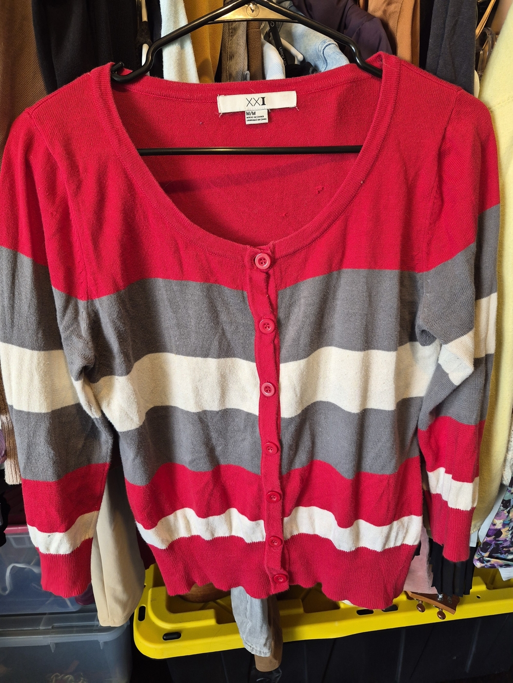 Forever 21 Red, Gray & White Striped Button-Up Cardigan